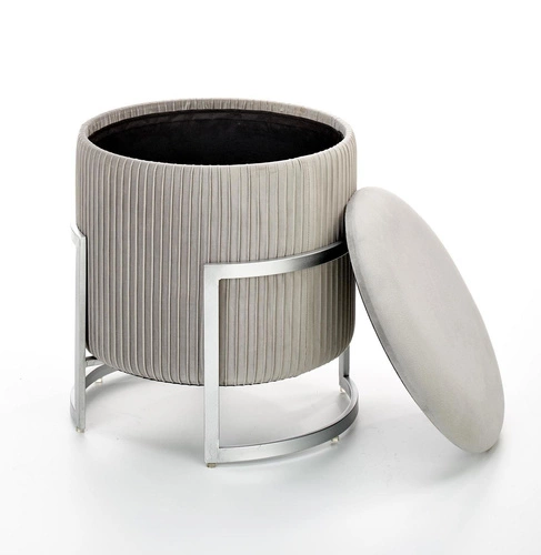 Pufa Darbi welurowa okrągła ze schowkiem szara jasna do salonu nowoczesna glamour 46 cm