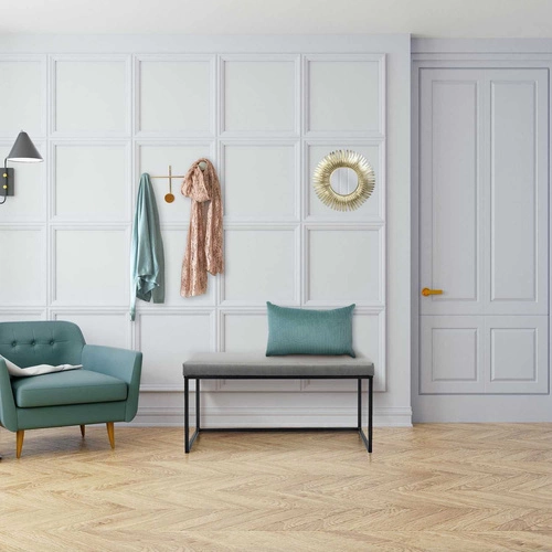 Ławka tapicerowana Donore szara welurowa do przedpokoju glamour na czarnych nogach Intesi