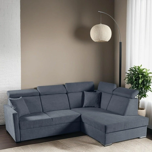 Narożnik z funkcją spania Mils XL prawostronny skandynawski do salonu granatowy szary