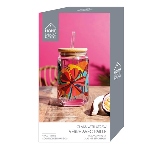 Szklanka Exotic Paradise 450ml ze słomką  i bambusową pokrywką