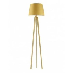 Lampa stojąca do salonu Curacao nowoczesna z abażurem musztardowym i dębowym trójnogiem