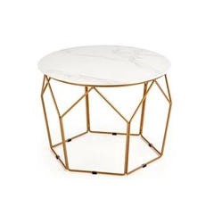 Stolik kawowy Safakis okrągły szklany biały marmur złoty nowoczesny glamour do salonu 60 cm