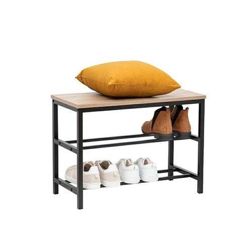Ławka na buty do przedpokoju Aliaj loftowa z półką metalowa czarna naturalne drewno 63 cm