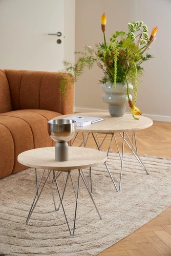 Stolik kawowy Prunus okrągły trawertyn 55 cm nowoczesny chromowany do salonu Actona