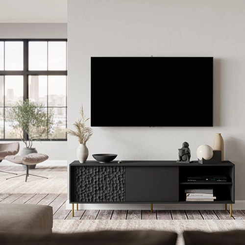 Szafka RTV Afir czarna 180 cm nowoczesna na złotych nogach do salonu z półkami i szafkami