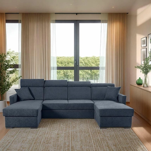 Narożnik Mils U nowoczesny z funkcją spania do salonu granatowo-szary pojemnik