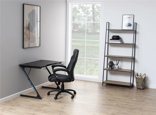 Biurko gamingowe Trooper czarne industrialne do pracy z otworami na przewody i uchwytem na kubek