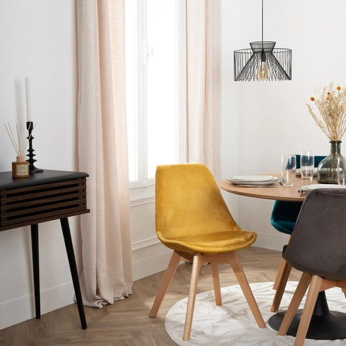 Krzesło tapicerowane welur Baya VIC żółte do jadalni skandynawskie na bukowych nogach Atmosphera