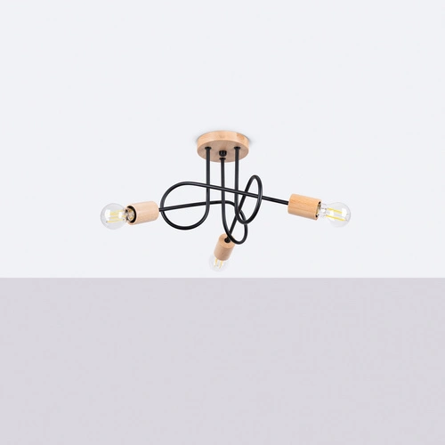 Żyrandol do salonu EMBER 3 czarny minimalistyczny z drewnem 3-punktowy Sollux Lighting