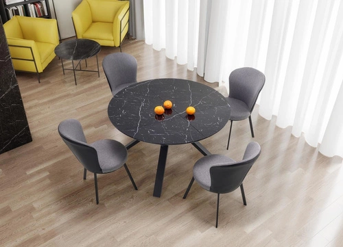 Stół Werro okrągły rozkładany do jadalni czarny marmur nowoczesny glamour 130–180 cm