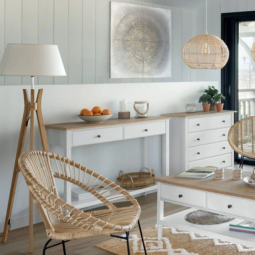 Lampa podłogowa Kalo trójnóg bambusowy z półką, skandynawska lampa stojąca do salonu