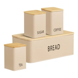 Zestaw chlebak z 3 pojemnikami Tula beżowy metal bambusowy do kuchni