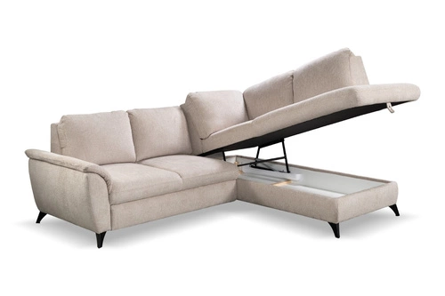 Narożnik z funkcją spania prawy beżowy Nevada nowoczesny do salonu z pojemnikiem