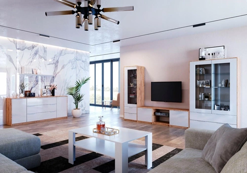 Szafka RTV 180 cm Tissa dąb craft i biały połysk skandynawska do salonu Intesi