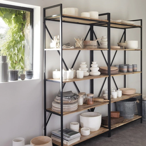Regał na książki industrialny Edena Atmosphera metalowy z półkami z drewna akacjowego czarny 180 cm