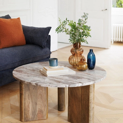 Stolik kawowy Coppa okrągły marmurowy 91,5 cm nowoczesny do salonu drewno mango Atmosphera