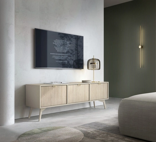 Szafka RTV drewniana Sage 160 cm stojąca do salonu w stylu boho glamour z jodełką