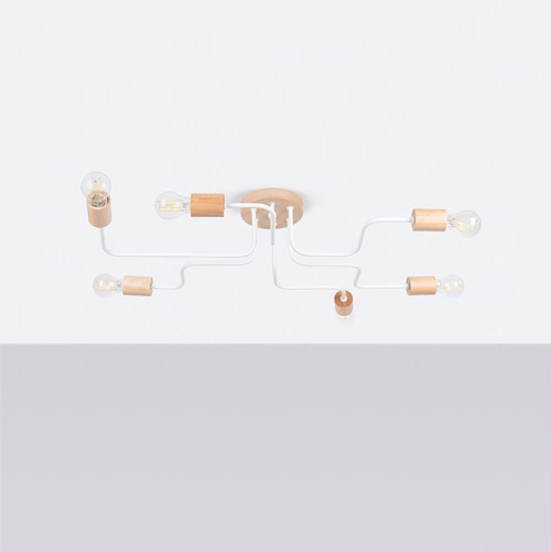 Żyrandol loftowy TIMBO 6 biały z drewnem do salonu nowoczesny żyrandol przysufitowy