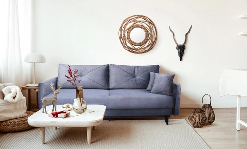 Sofa rozkładana z funkcją spania Saxo 2 osobowa granatowa nowoczesna z pojemnikiem do salonu