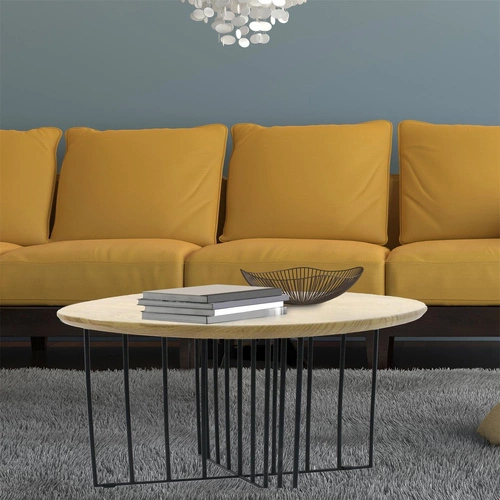 Stolik kawowy Maverick okrągły do salonu industrialny drewniany z metalową czarną podstawą 70 cm