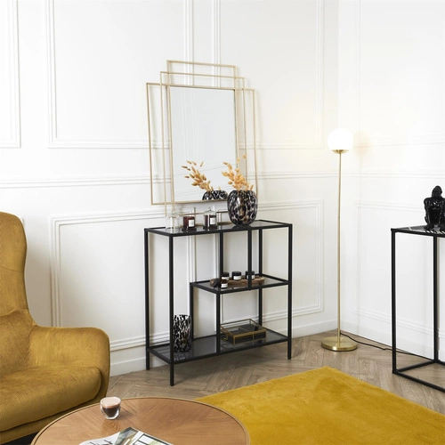 Regał metalowy Edison czarny z 3 szklanymi półkami do salonu w stylu loftowym Intesi