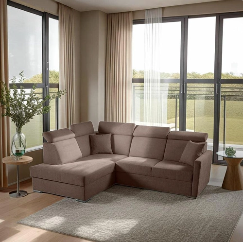 Narożnik z funkcją spania Mils XL lewostronny brązowy do salonu nowoczesny z pojemnikiem