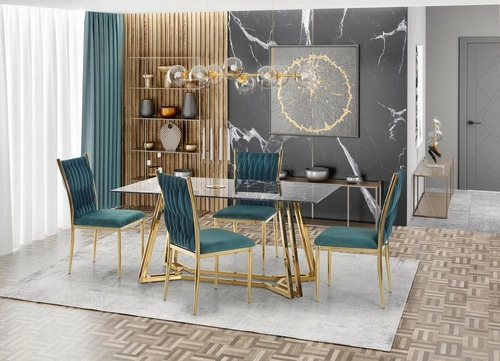 Stół do jadalni Gloria nowoczesny czarny marmur złoty szklany blat 160 cm glamour