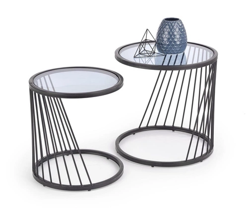 Zestaw 2 okrągłych stolików kawowych Tornello czarny szklany loftowy do salonu 2w1