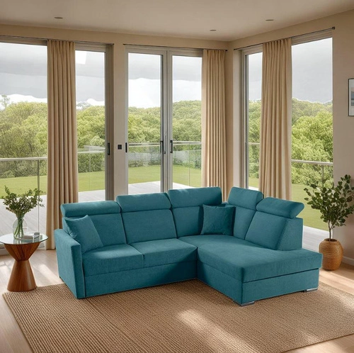 Narożnik z funkcją spania do salonu Mils XL morski nowoczesny z pojemnikiem prawy