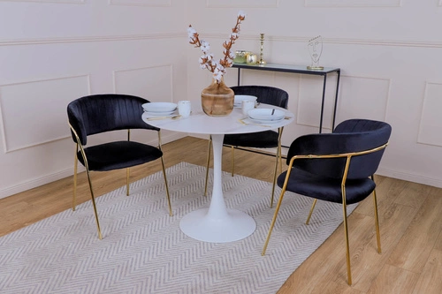 Krzesło do jadalni Margo Intesi zielone tapicerowane welur glamour z podłokietnikami na złotych nogach