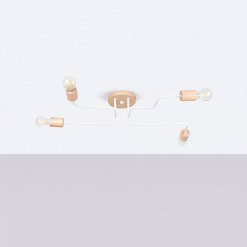 Żyrandol loftowy TIMBO 4 biały z drewnem do salonu i jadalni 4-punktowy SOLLUX