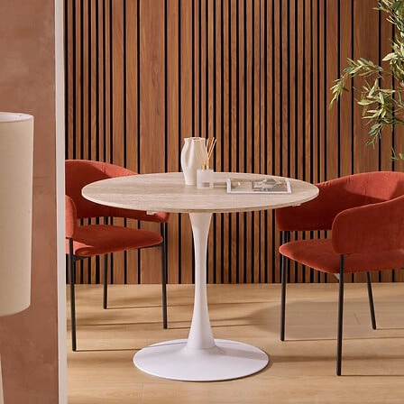 Stół okrągły Elias 102 cm nowoczesny biały trawertyn do jadalni i kuchni Atmosphera