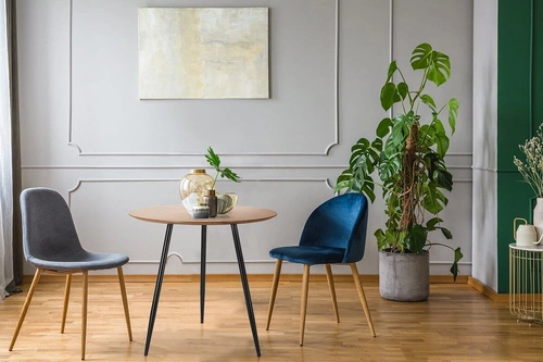 Stół okrągły do jadalni Sottile 80 cm nowoczesny naturalny blat i czarne metalowe nogi Simplet