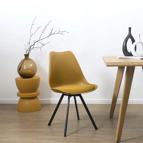 Krzesło tapicerowane Atom żółte Intesi do jadalni i salonu nowoczesne na metalowych nogach