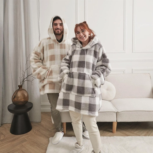 Bluza ocieplana długa/snuddie w kratę beżowa/biała