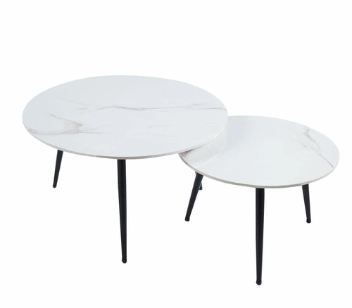 Zestaw 2 okrągłych stolików kawowych Tifa biały marmur nowoczesny loft do salonu 80 i 60 cm