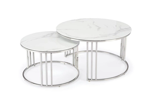 Zestaw 2 okrągłych stolików kawowych Yasmine szklanych glamour srebrno-białych do salonu