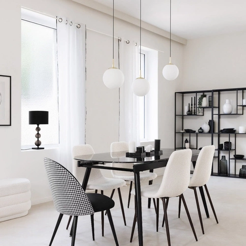 Krzesło tapicerowane Roka boucle białe do jadalni i salonu nowoczesne na drewnopodobnych nogach Atmosphera