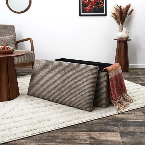 Pufa Medford sztruksowa składana ze schowkiem szara do przedpokoju i sypialni 76 cm