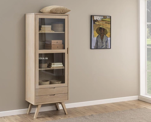 Regał drewniany do salonu z witryną i szufladami A-line Actona dąb bielony 190 cm