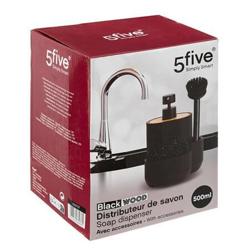 Dozownik na płyn do naczyń Blackwood czarny z gąbką i szczotką do kuchni 5five