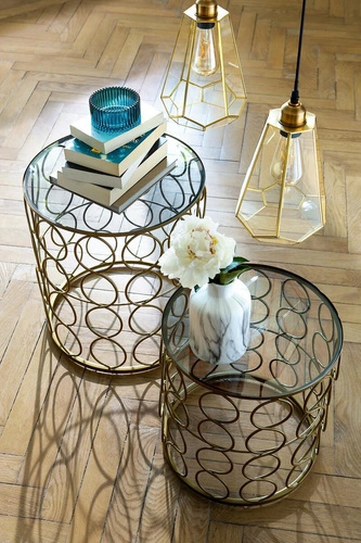 Zestaw 2 okrągłych stolików kawowych Archi złoty szklany glamour do salonu Atmosphera