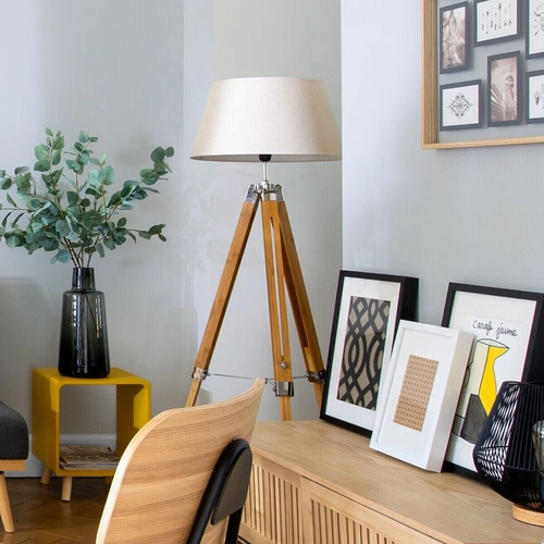 Lampa podłogowa drewniana Runo Atmosphera trójnóg beżowa do salonu styl skandynawski