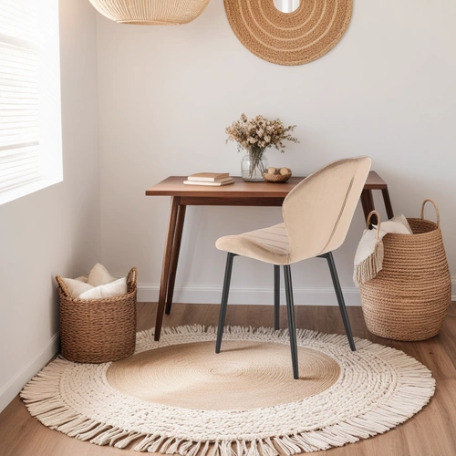 Krzesło tapicerowane welur Eve beżowe do jadalni i salonu nowoczesne z czarnymi nogami