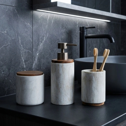 Kubek na szczoteczki do zębów Côme beżowy efekt marmuru poliresin z akacją łazienkowy 5five