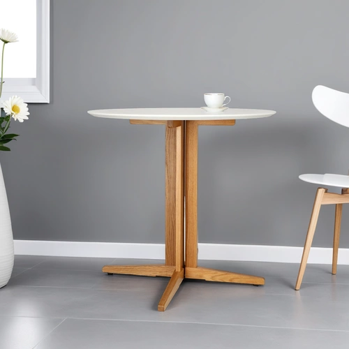 Stół okrągły Mauro 80 cm biały blat dąb naturalny nowoczesny do jadalni i salonu