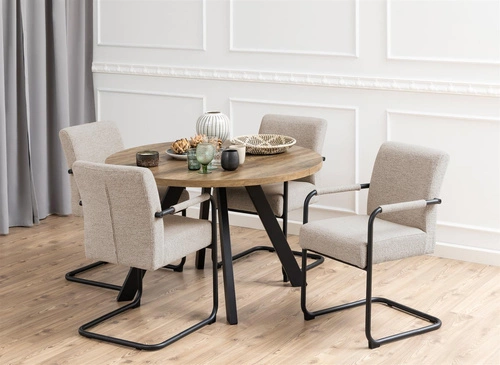 Krzesło tapicerowane Adele Actona beżowe z podłokietnikami na płozach do jadalni nowoczesne