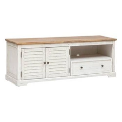 Szafka RTV Olbia biała drewniana 140 cm do salonu z półkami i szufladą Atmosphera