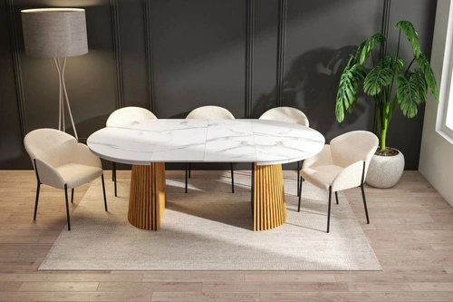 Stół rozkładany Kyoto okrągły 120/200 cm biały marmur dąb nowoczesny do jadalni i salonu