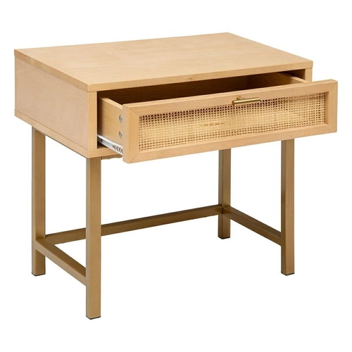 Szafka nocna Rayo boho z rattanowymi frontami i złotą podstawą, 45 cm szerokości, Atmosphera